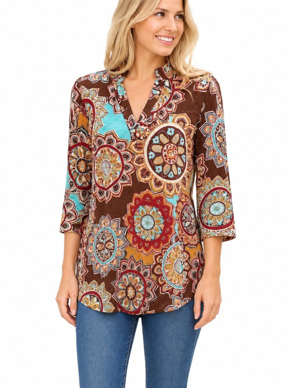 Boho Chic Haptics by Holly Harper Split Neck Tunic Top/Vibrant Floral Geometric